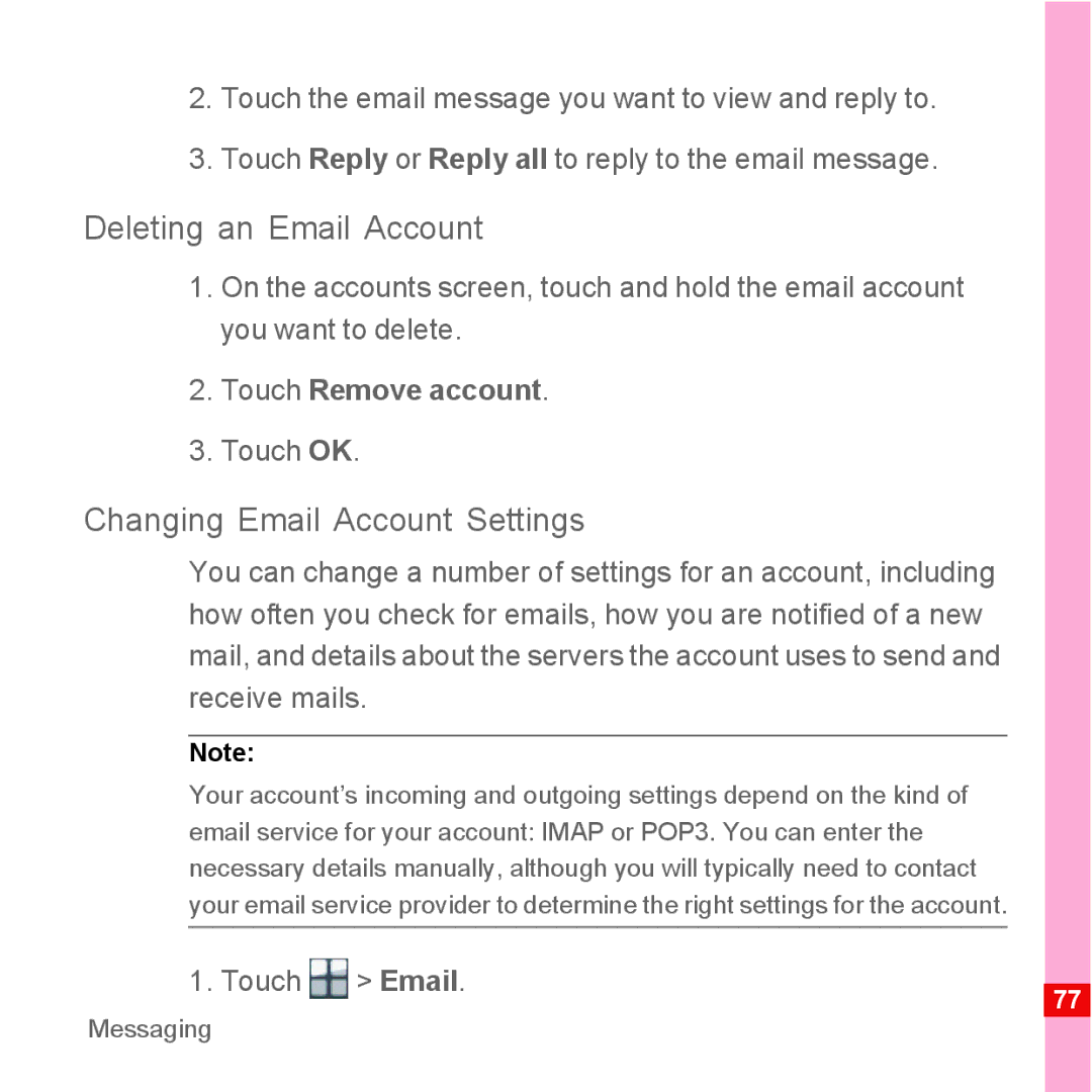 Huawei U8110 manual Deleting an Email Account, Changing Email Account Settings, Touch Remove account, Touch OK 