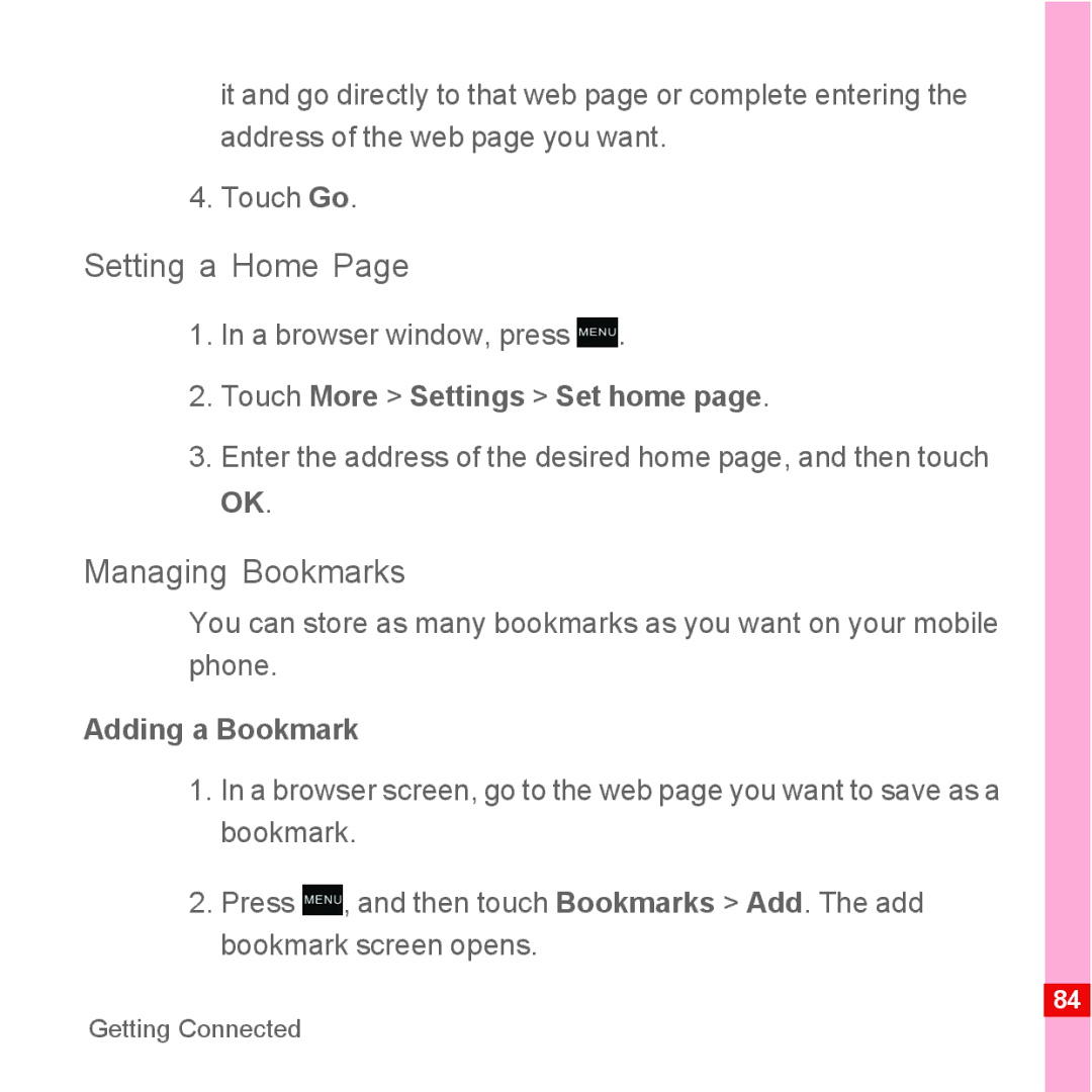 Huawei U8110 manual Setting a Home, Managing Bookmarks, Touch More Settings Set home, Adding a Bookmark 