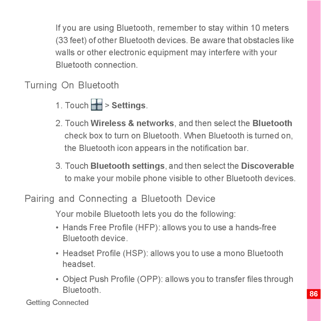 Huawei U8110 manual Turning On Bluetooth, Pairing and Connecting a Bluetooth Device 