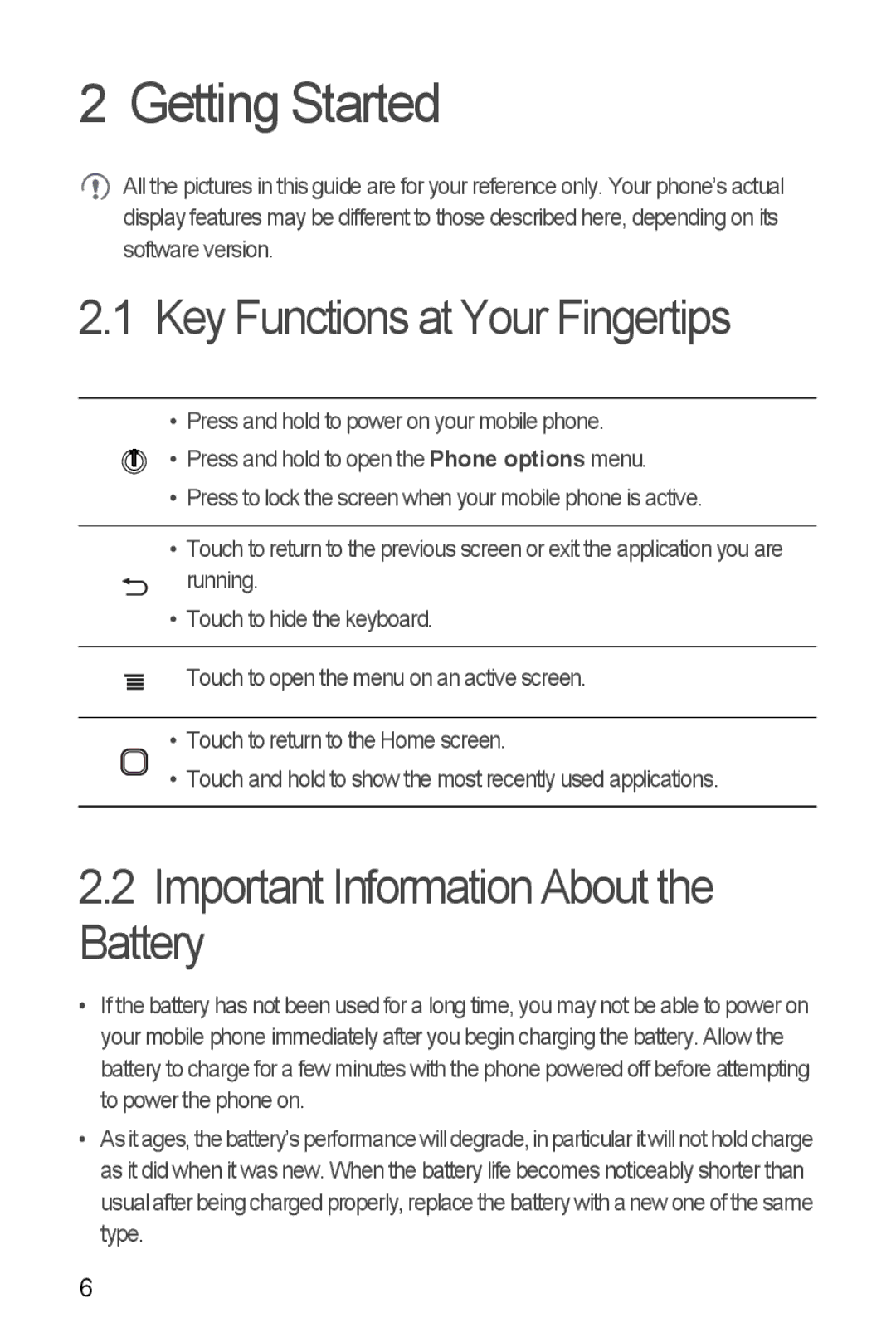 Huawei U8185-1 manual Getting Started, Key Functions at Your Fingertips, Important Information About the Battery 