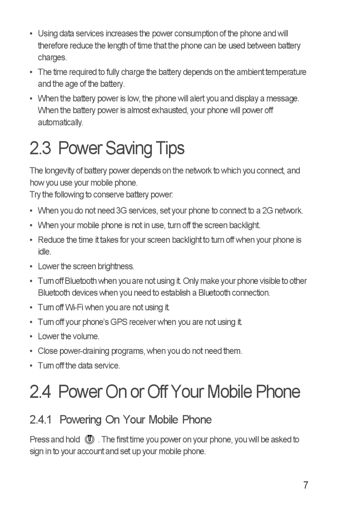 Huawei U8185-1 manual Power Saving Tips, Power On or Off Your Mobile Phone, Powering On Your Mobile Phone 