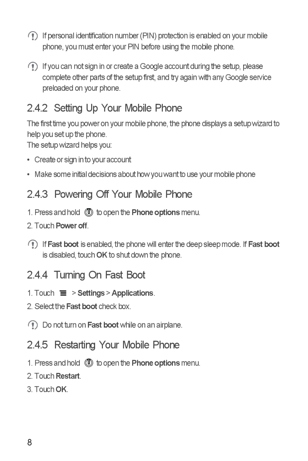 Huawei U8185-1 manual Setting Up Your Mobile Phone, Powering Off Your Mobile Phone, Turning On Fast Boot 