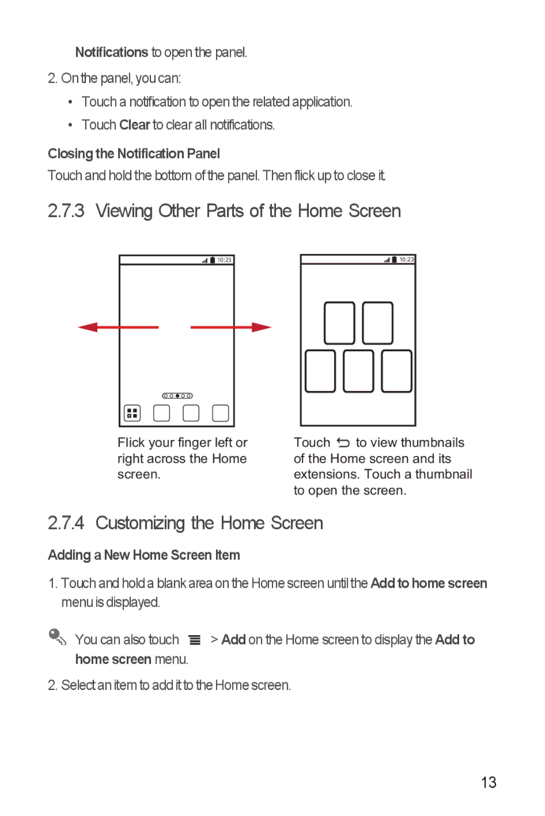 Huawei U8185-1 manual Viewing Other Parts of the Home Screen, Customizing the Home Screen, Closing the Notification Panel 