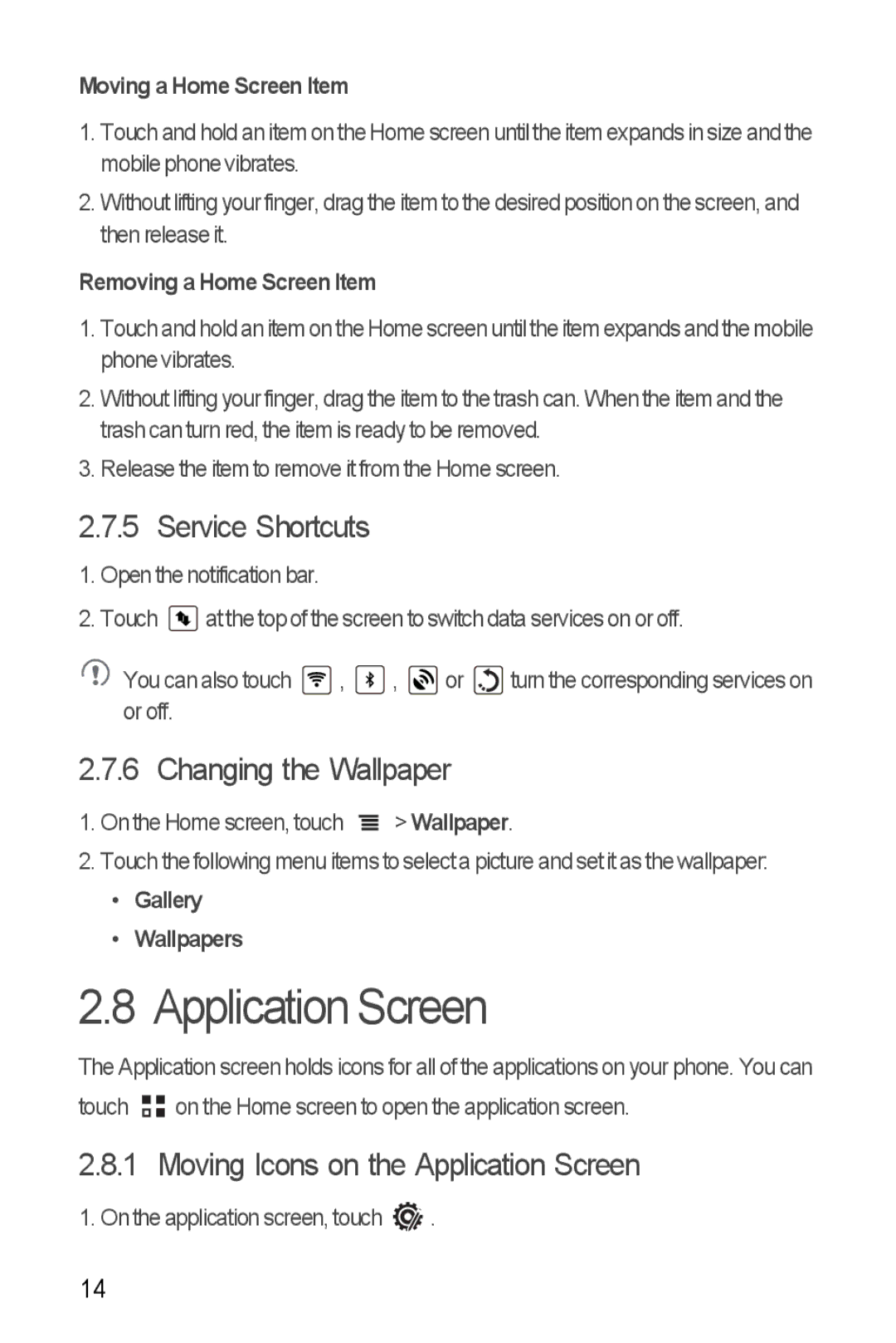 Huawei U8185-1 manual Service Shortcuts, Changing the Wallpaper, Moving Icons on the Application Screen 