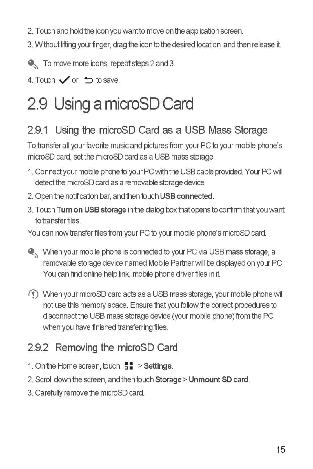 Huawei U8185-1 manual Using a microSD Card, Using the microSD Card as a USB Mass Storage, Removing the microSD Card 