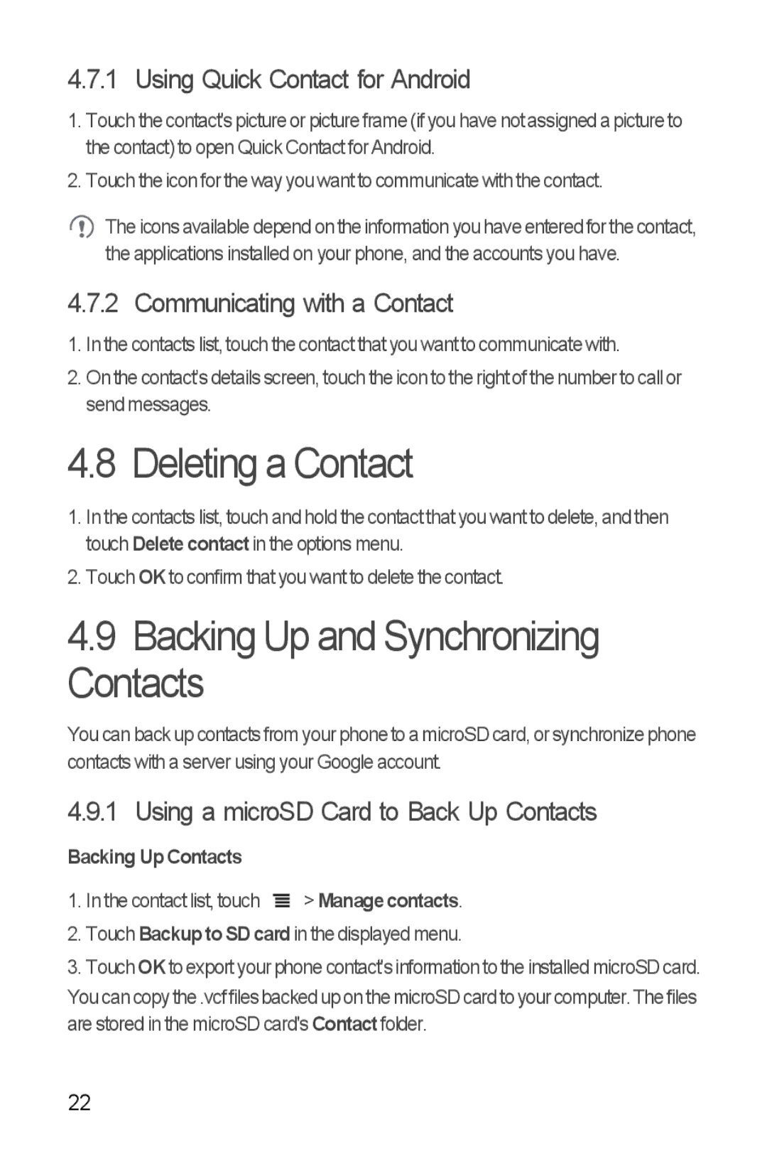 Huawei U8185-1 manual Deleting a Contact, Backing Up and Synchronizing Contacts, Using Quick Contact for Android 