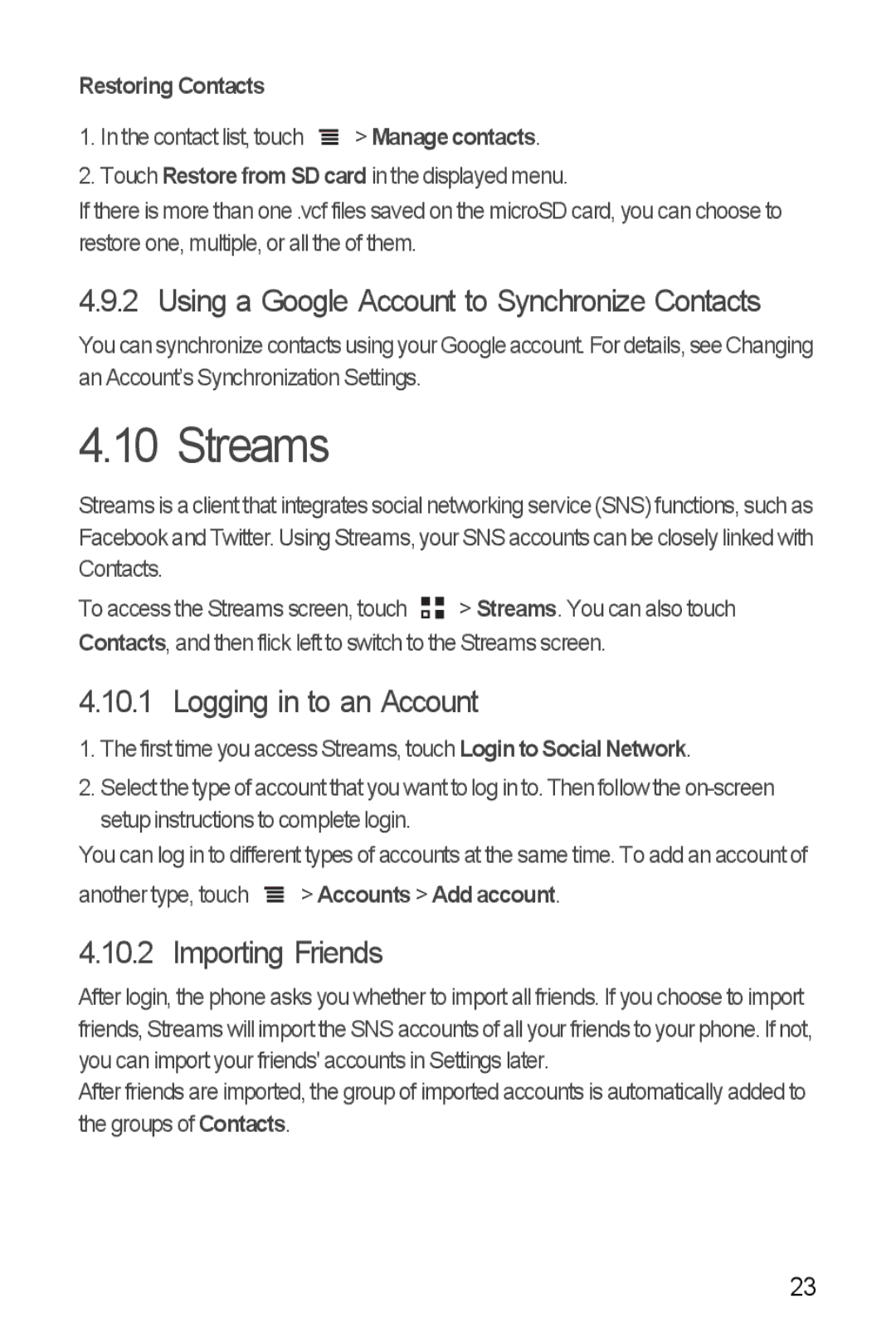 Huawei U8185-1 manual Streams, Using a Google Account to Synchronize Contacts, Logging in to an Account, Importing Friends 