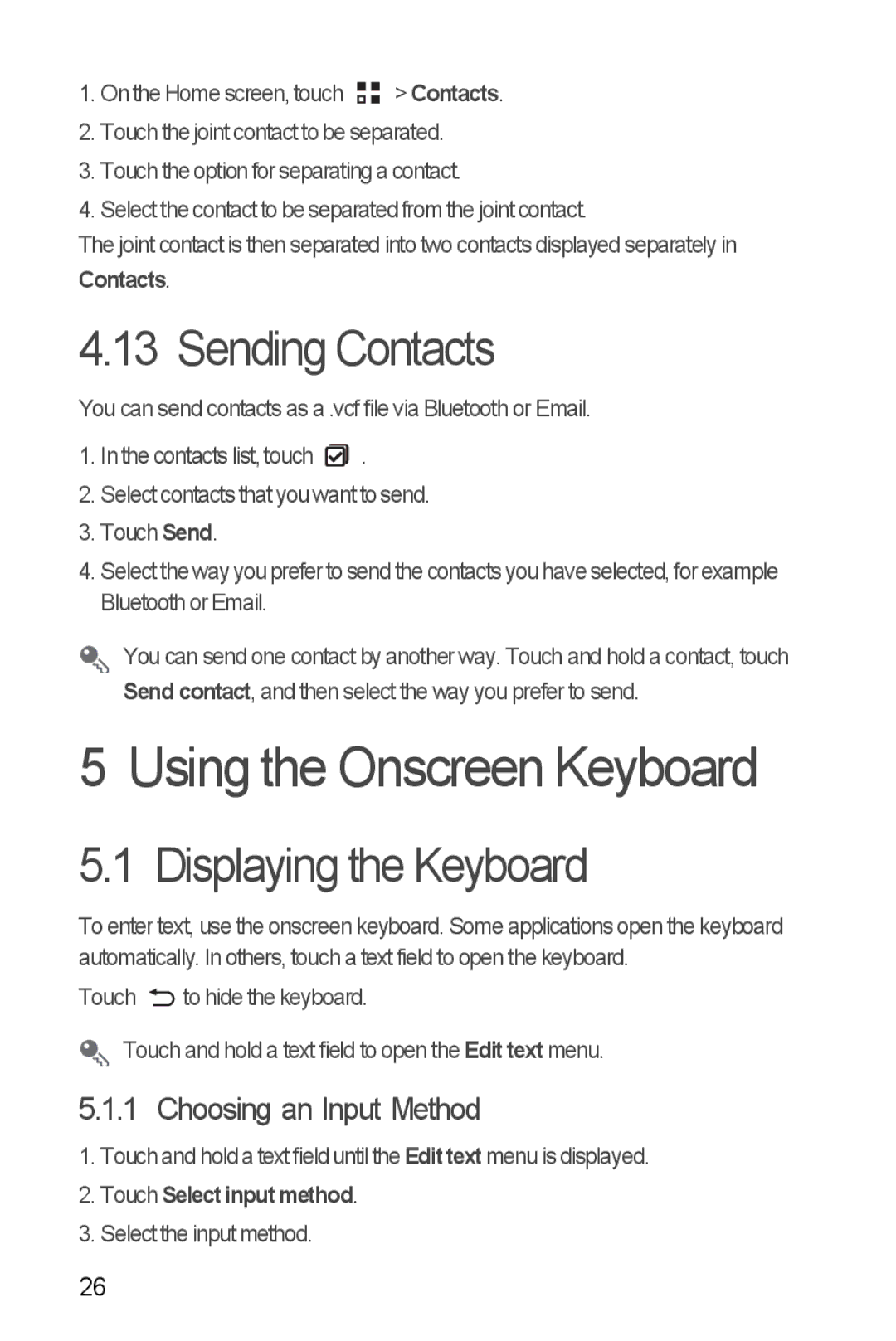 Huawei U8185-1 manual Using the Onscreen Keyboard, Sending Contacts, Displaying the Keyboard, Choosing an Input Method 