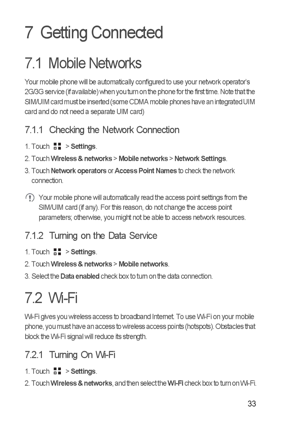 Huawei U8185-1 manual Getting Connected, Mobile Networks, Wi-Fi 