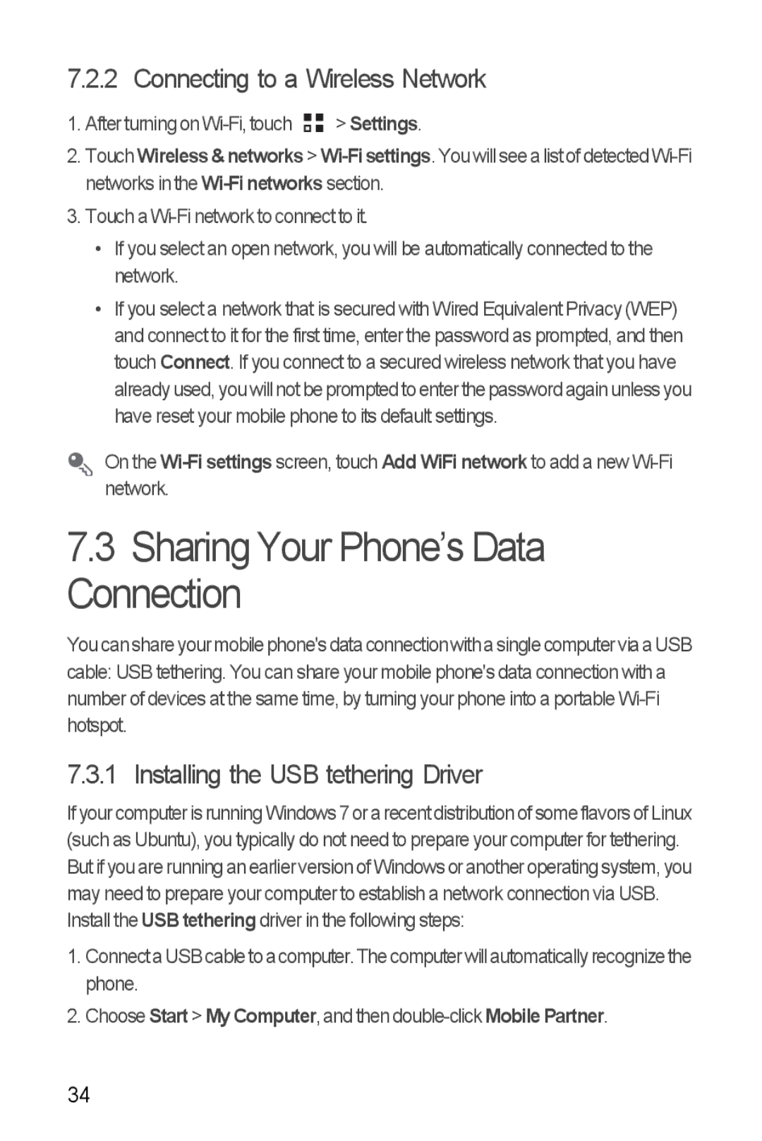 Huawei U8185-1 Sharing Your Phone’s Data Connection, Connecting to a Wireless Network, Installing the USB tethering Driver 