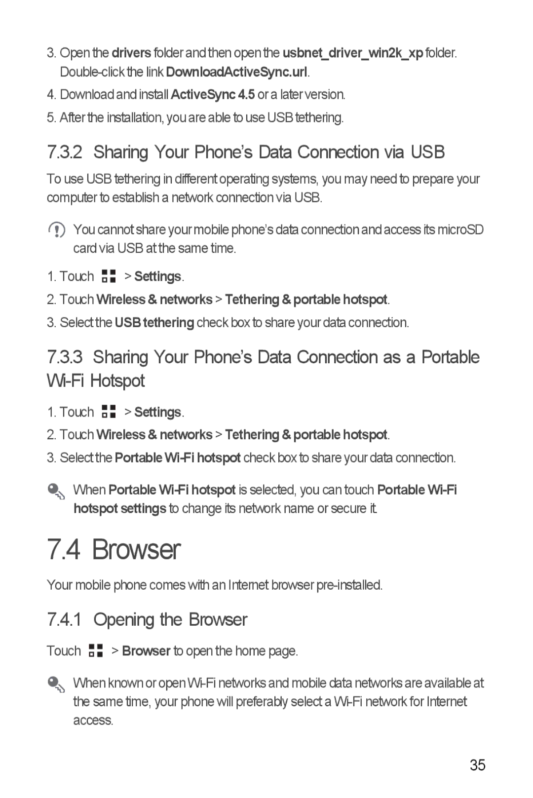 Huawei U8185-1 manual Sharing Your Phone’s Data Connection via USB, Opening the Browser 