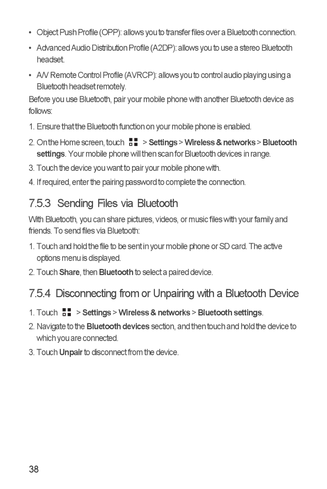 Huawei U8185-1 manual Sending Files via Bluetooth, Touch Settings Wireless & networks Bluetooth settings 