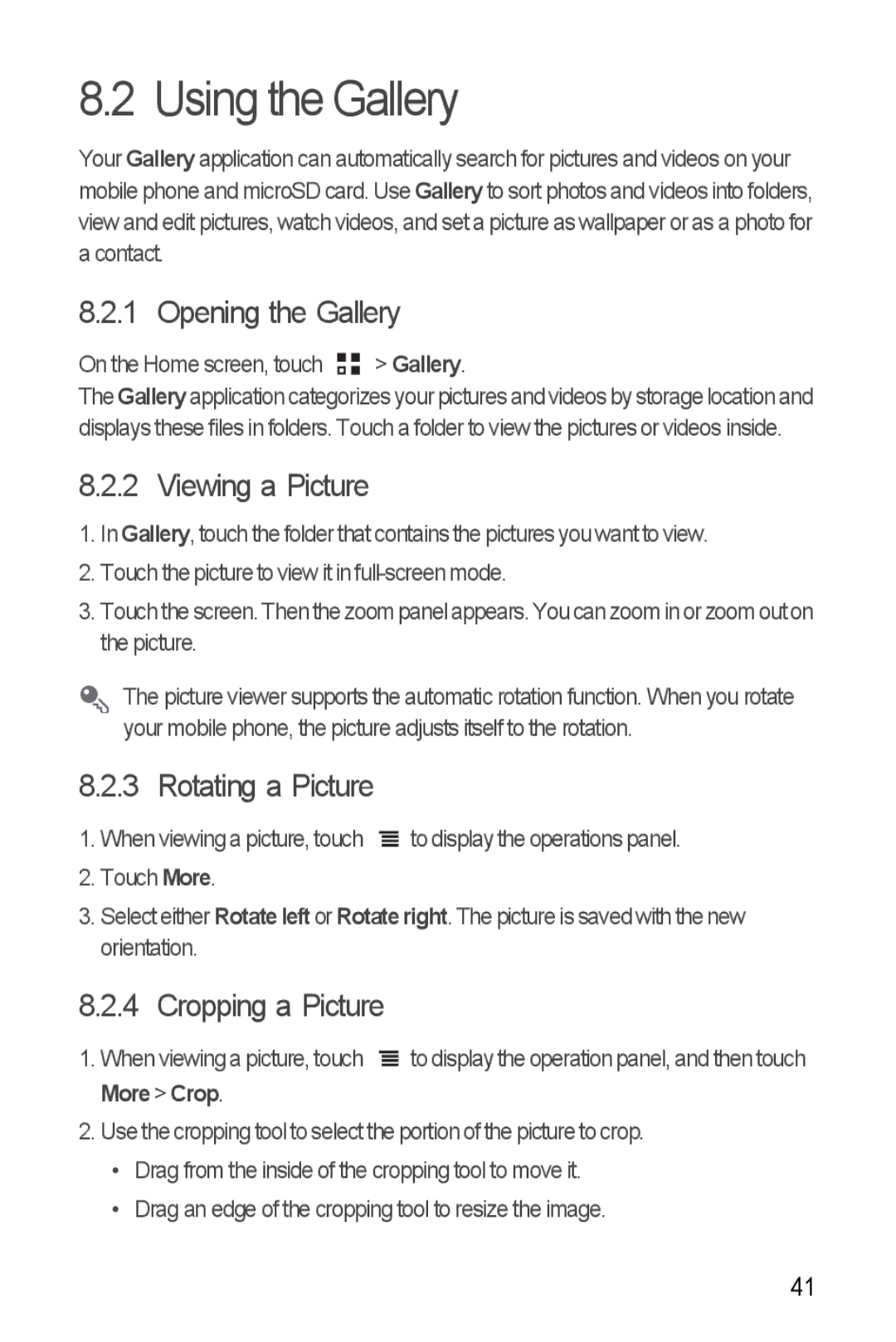 Huawei U8185-1 manual Using the Gallery, Opening the Gallery, Viewing a Picture, Rotating a Picture, Cropping a Picture 
