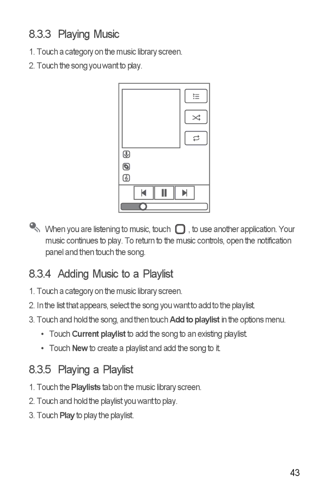 Huawei U8185-1 manual Playing Music, Adding Music to a Playlist, Playing a Playlist 