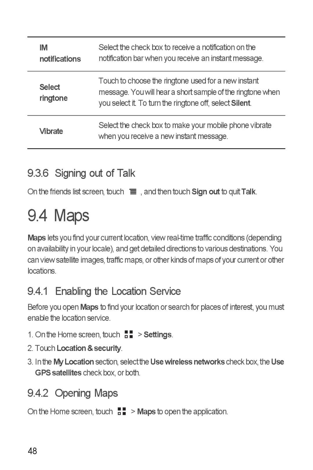 Huawei U8185-1 manual Signing out of Talk, Enabling the Location Service, Opening Maps 