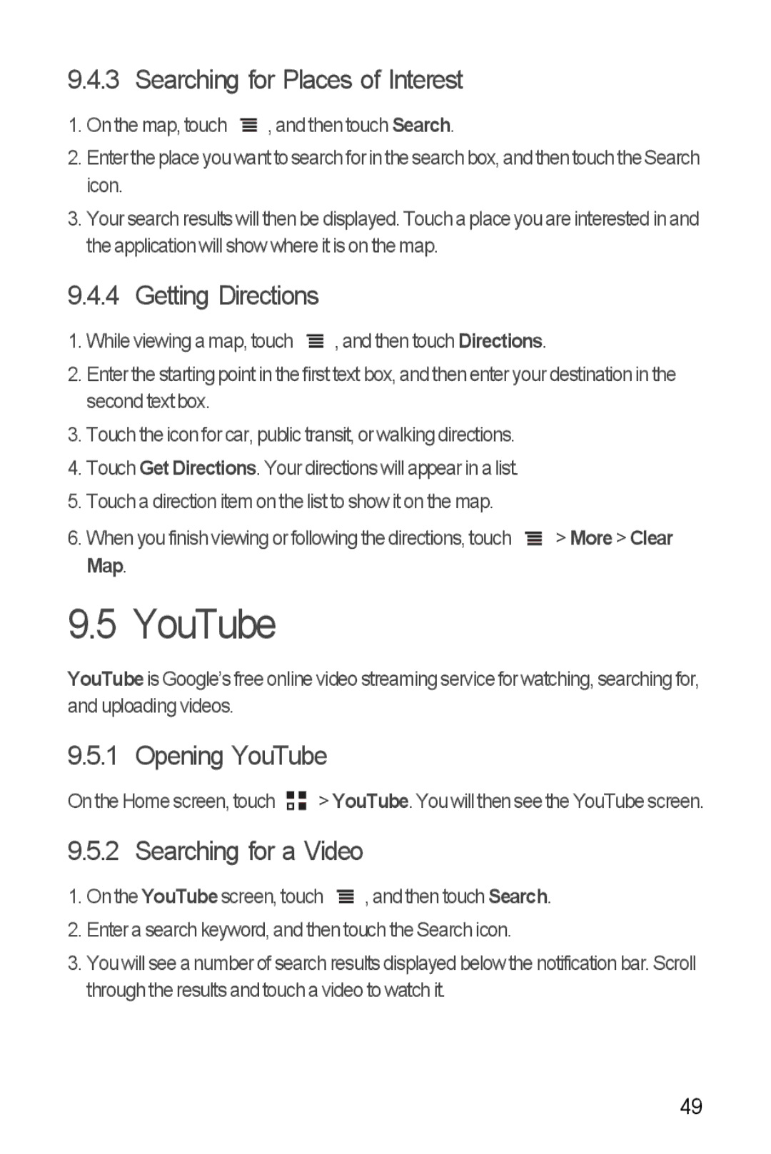 Huawei U8185-1 manual Searching for Places of Interest, Getting Directions, Opening YouTube, Searching for a Video 