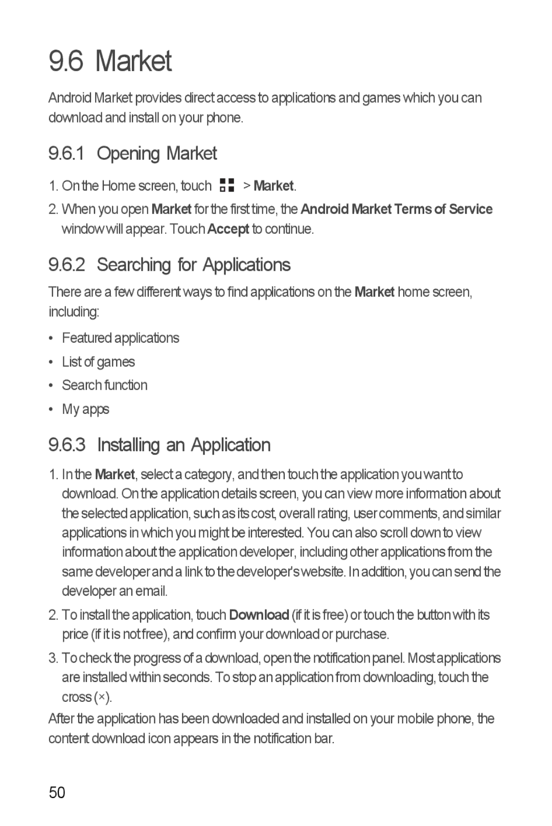 Huawei U8185-1 manual Opening Market, Searching for Applications, Installing an Application 