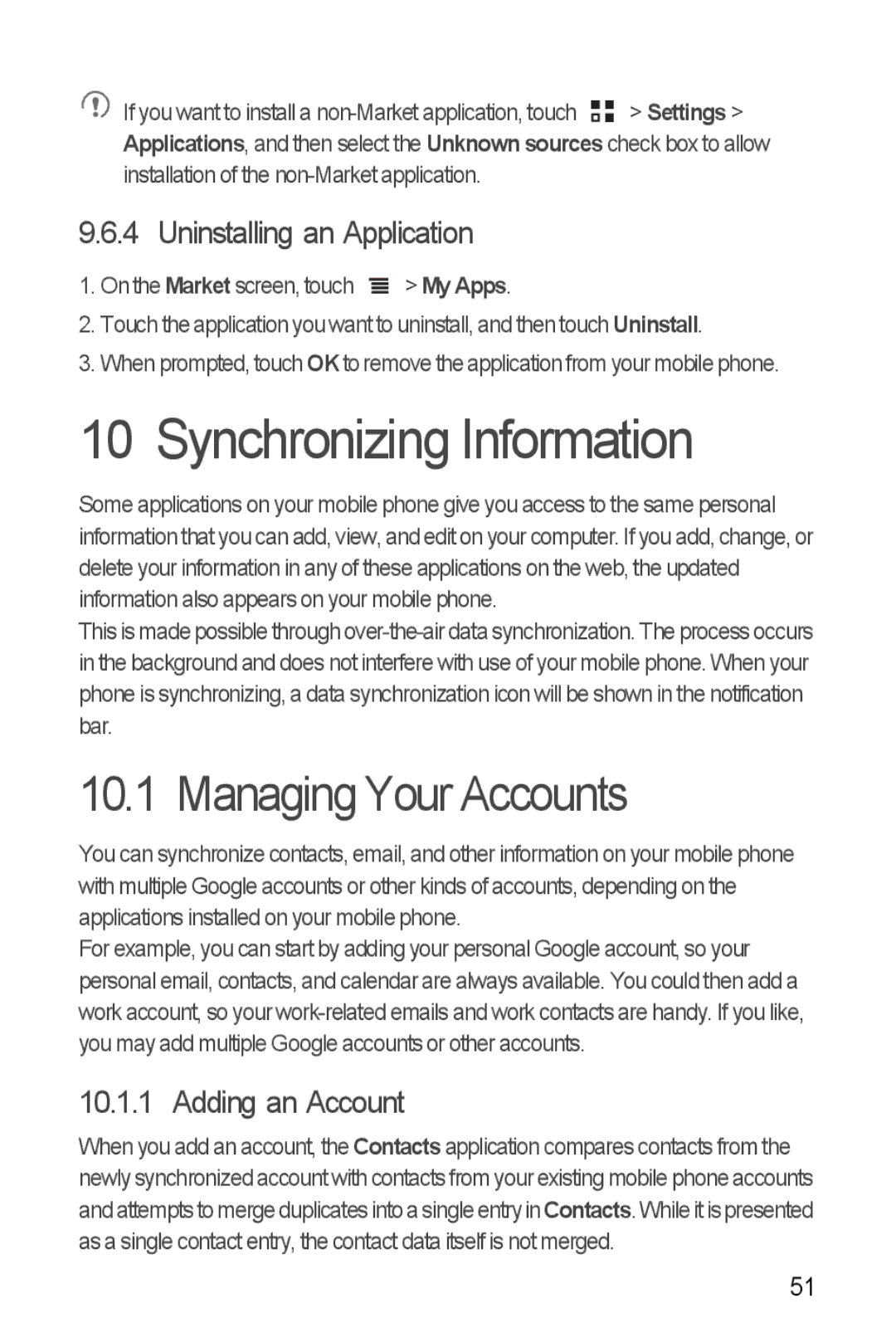 Huawei U8185-1 manual Synchronizing Information, Managing Your Accounts, Uninstalling an Application, Adding an Account 