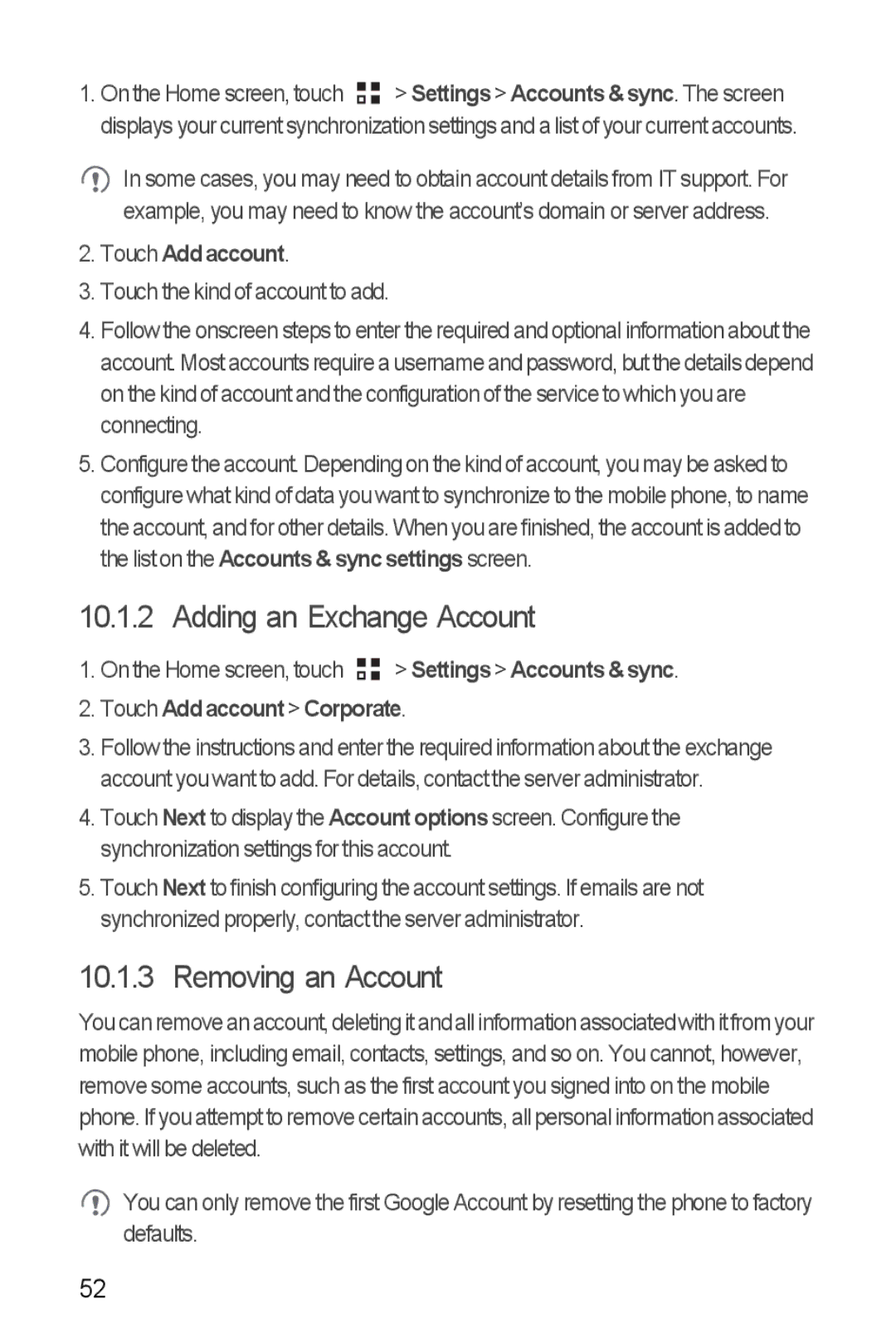 Huawei U8185-1 manual Adding an Exchange Account, Removing an Account, Touch Add account Corporate 