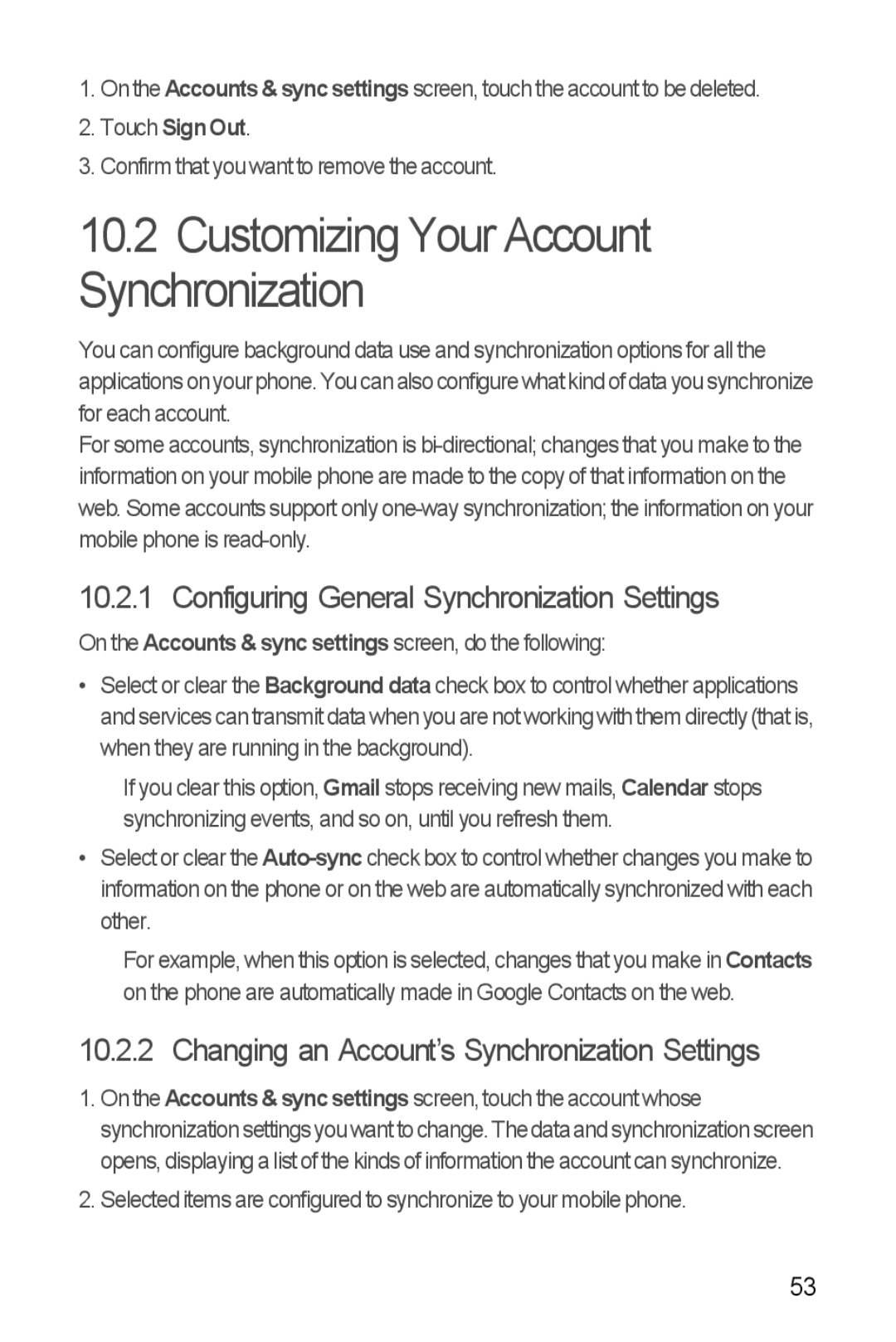 Huawei U8185-1 Customizing Your Account Synchronization, Configuring General Synchronization Settings, Touch Sign Out 