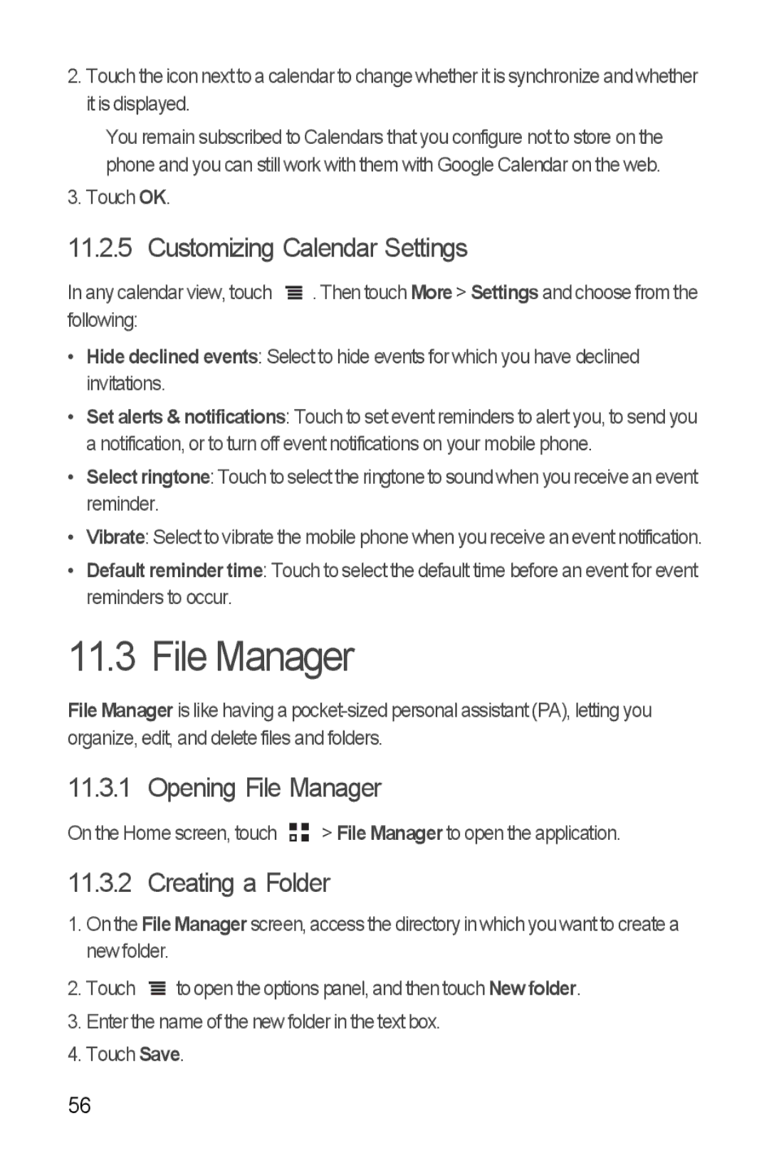 Huawei U8185-1 manual Customizing Calendar Settings, Opening File Manager, Creating a Folder 
