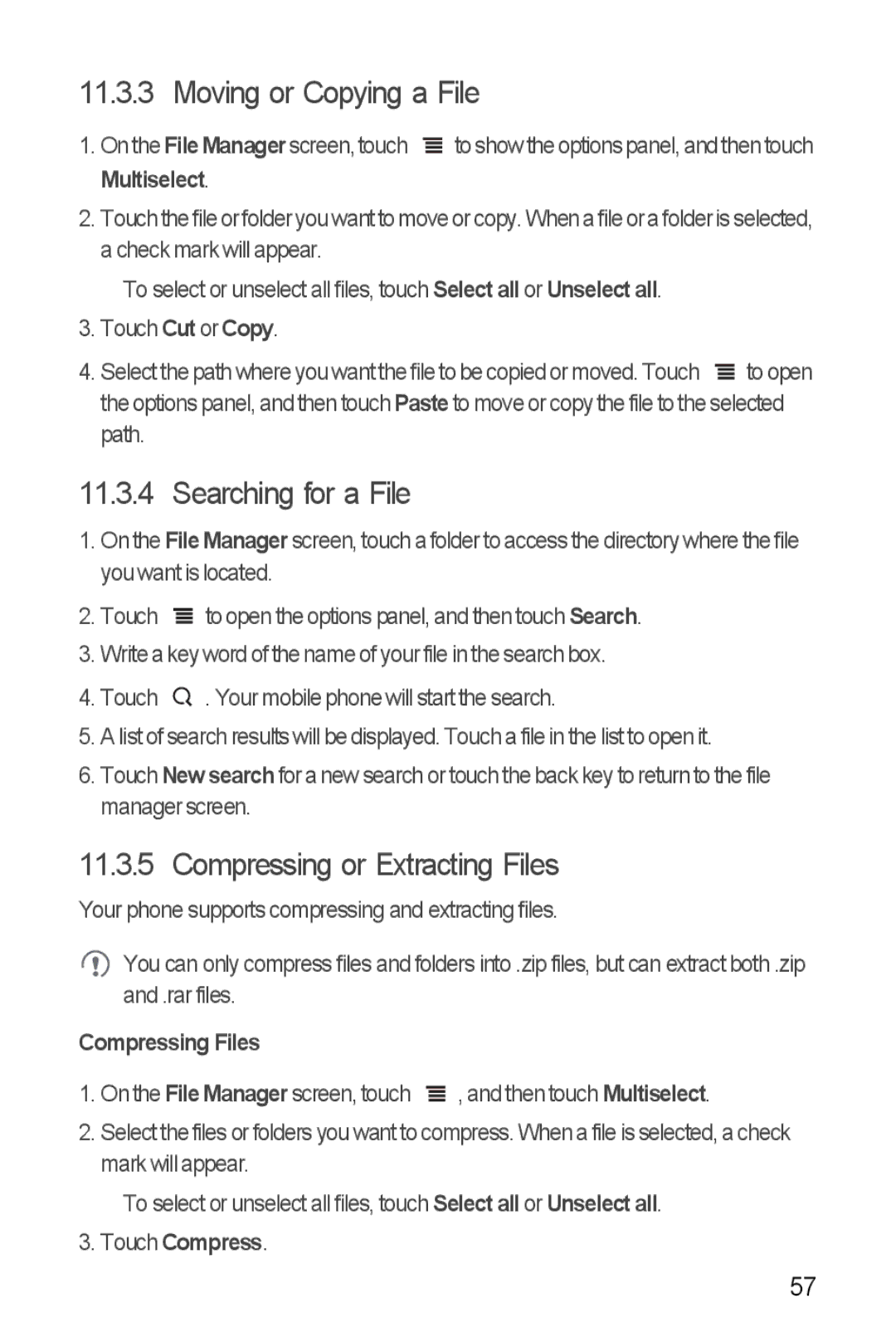 Huawei U8185-1 manual Moving or Copying a File, Searching for a File, Compressing or Extracting Files, Compressing Files 