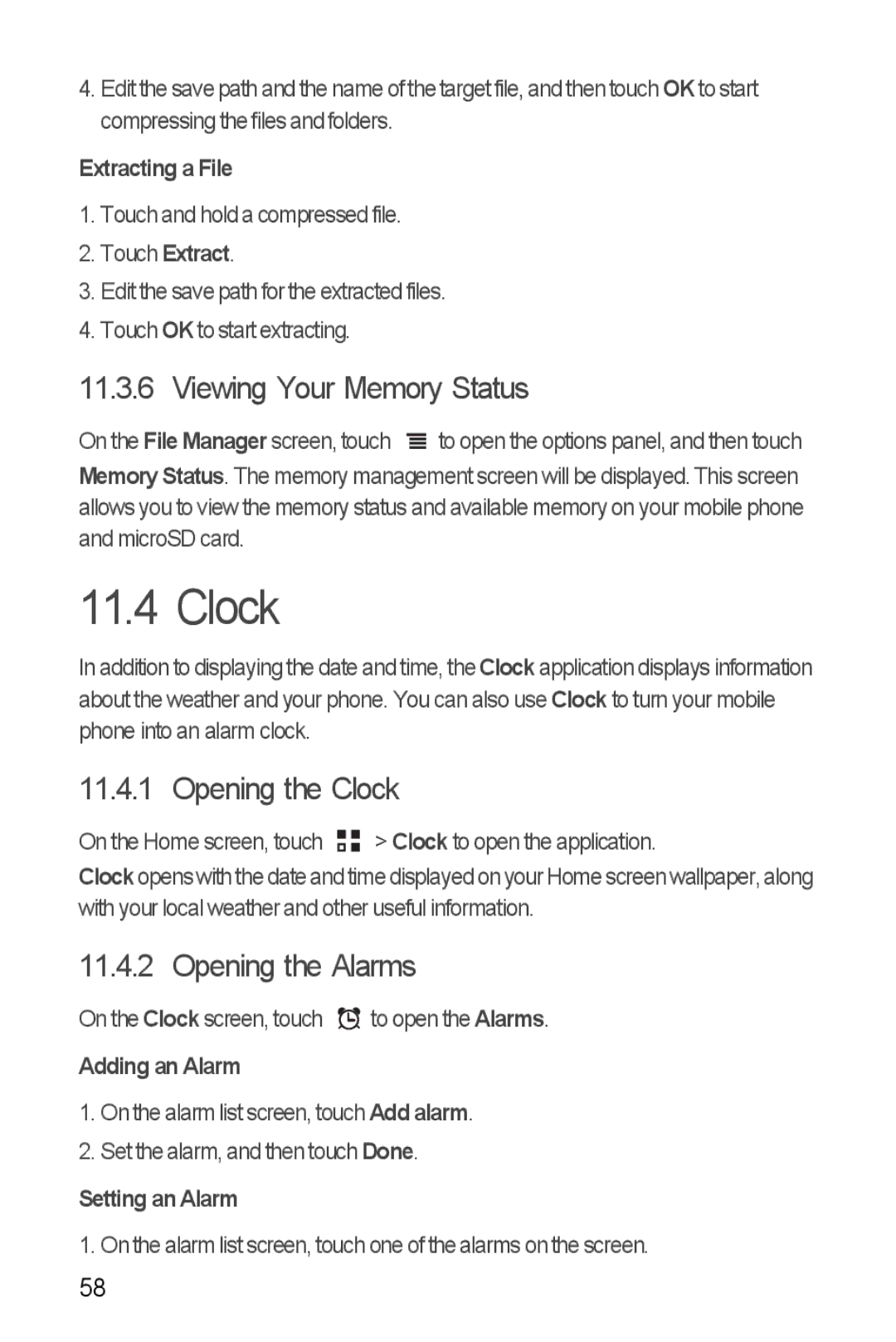 Huawei U8185-1 manual Viewing Your Memory Status, Opening the Clock, Opening the Alarms 