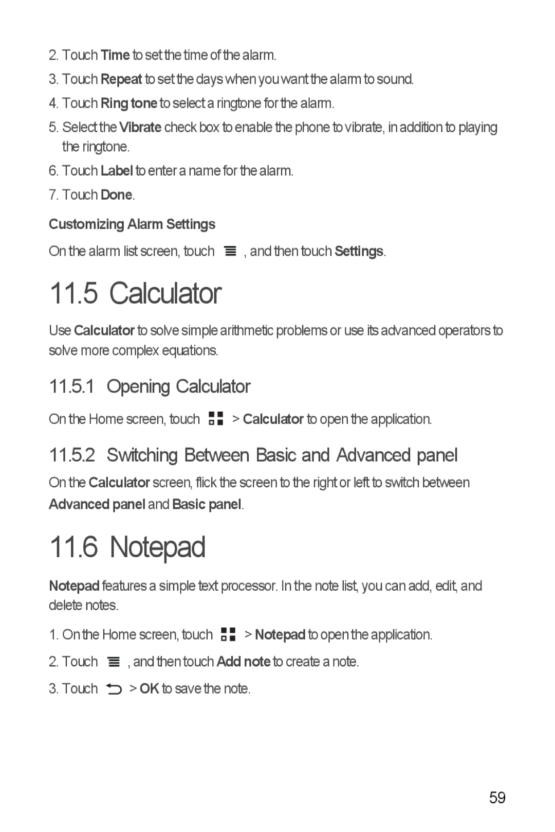 Huawei U8185-1 manual Opening Calculator, Switching Between Basic and Advanced panel, Customizing Alarm Settings 