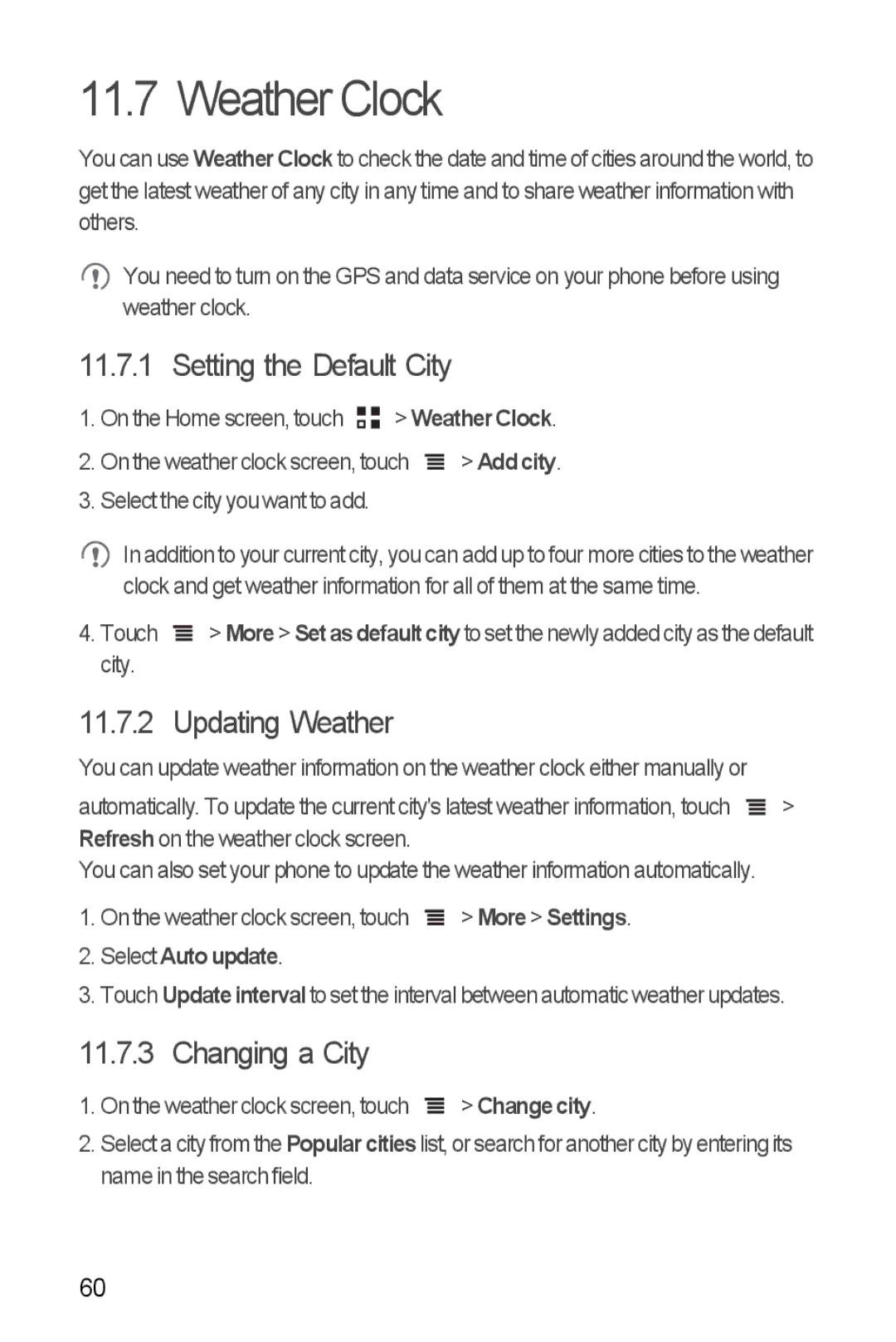 Huawei U8185-1 manual Weather Clock, Setting the Default City, Updating Weather, Changing a City 