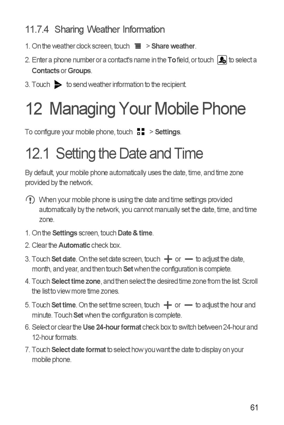 Huawei U8185-1 manual Managing Your Mobile Phone, Setting the Date and Time, Sharing Weather Information 