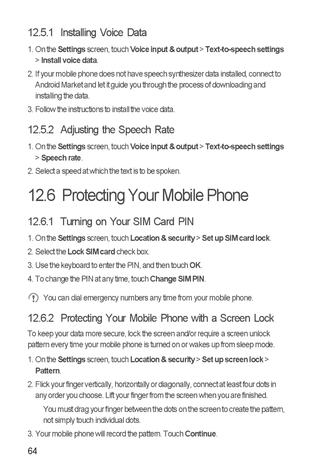Huawei U8185-1 manual Protecting Your Mobile Phone, Installing Voice Data, Adjusting the Speech Rate 