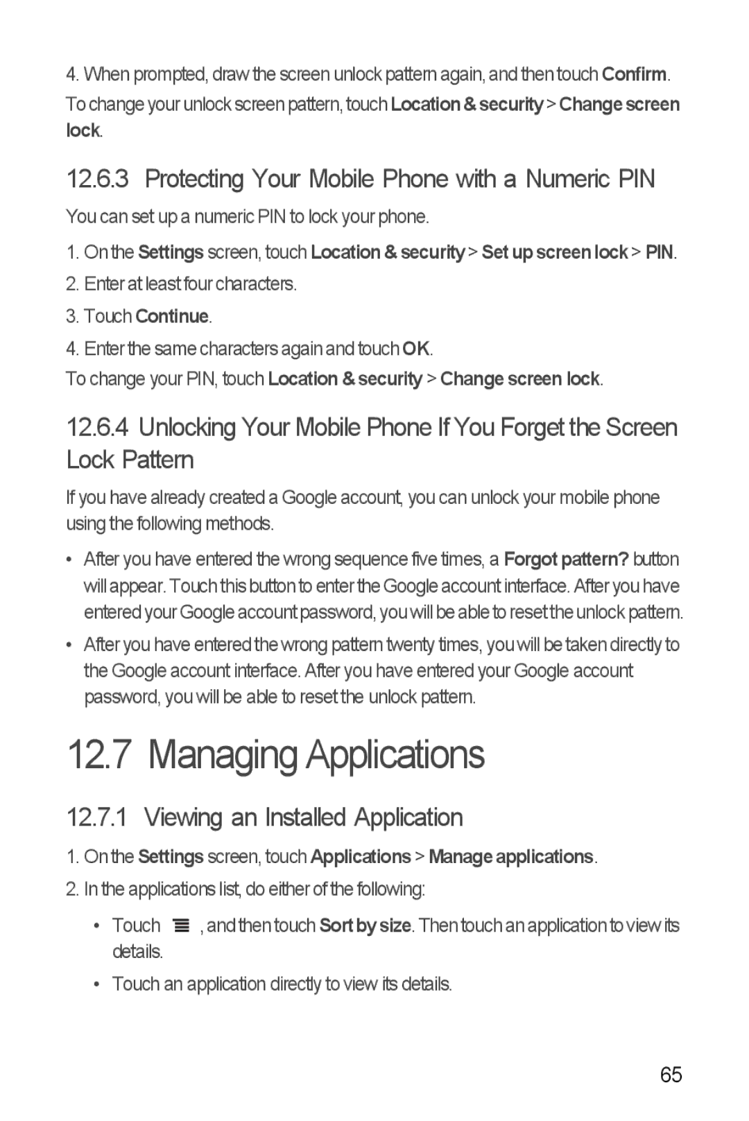 Huawei U8185-1 Managing Applications, Protecting Your Mobile Phone with a Numeric PIN, Viewing an Installed Application 