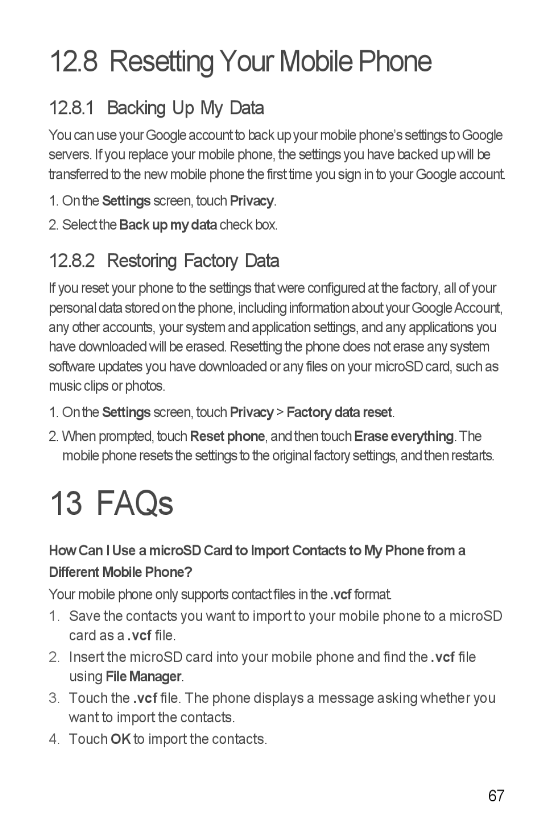 Huawei U8185-1 manual FAQs, Resetting Your Mobile Phone, Backing Up My Data, Restoring Factory Data 