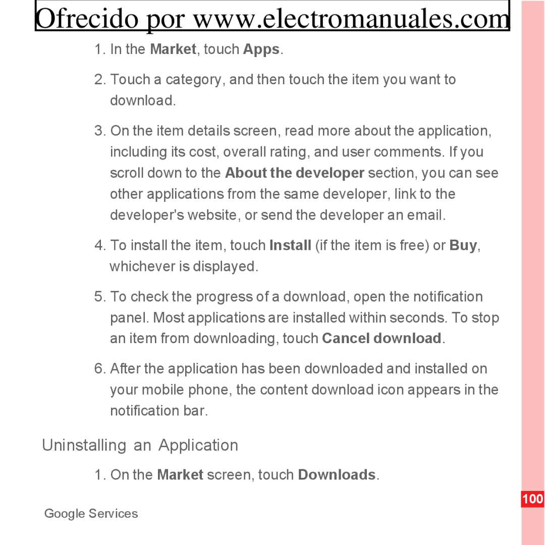 Huawei U8300 manual Uninstalling an Application, On the Market screen, touch Downloads 