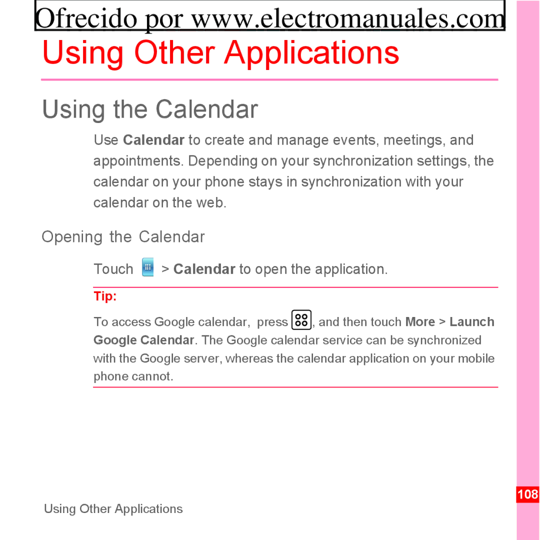 Huawei U8300 Using Other Applications, Using the Calendar, Opening the Calendar, Touch Calendar to open the application 