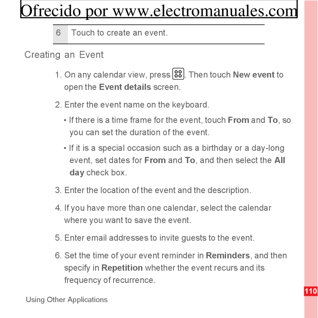 Huawei U8300 manual Creating an Event, Touch to create an event 