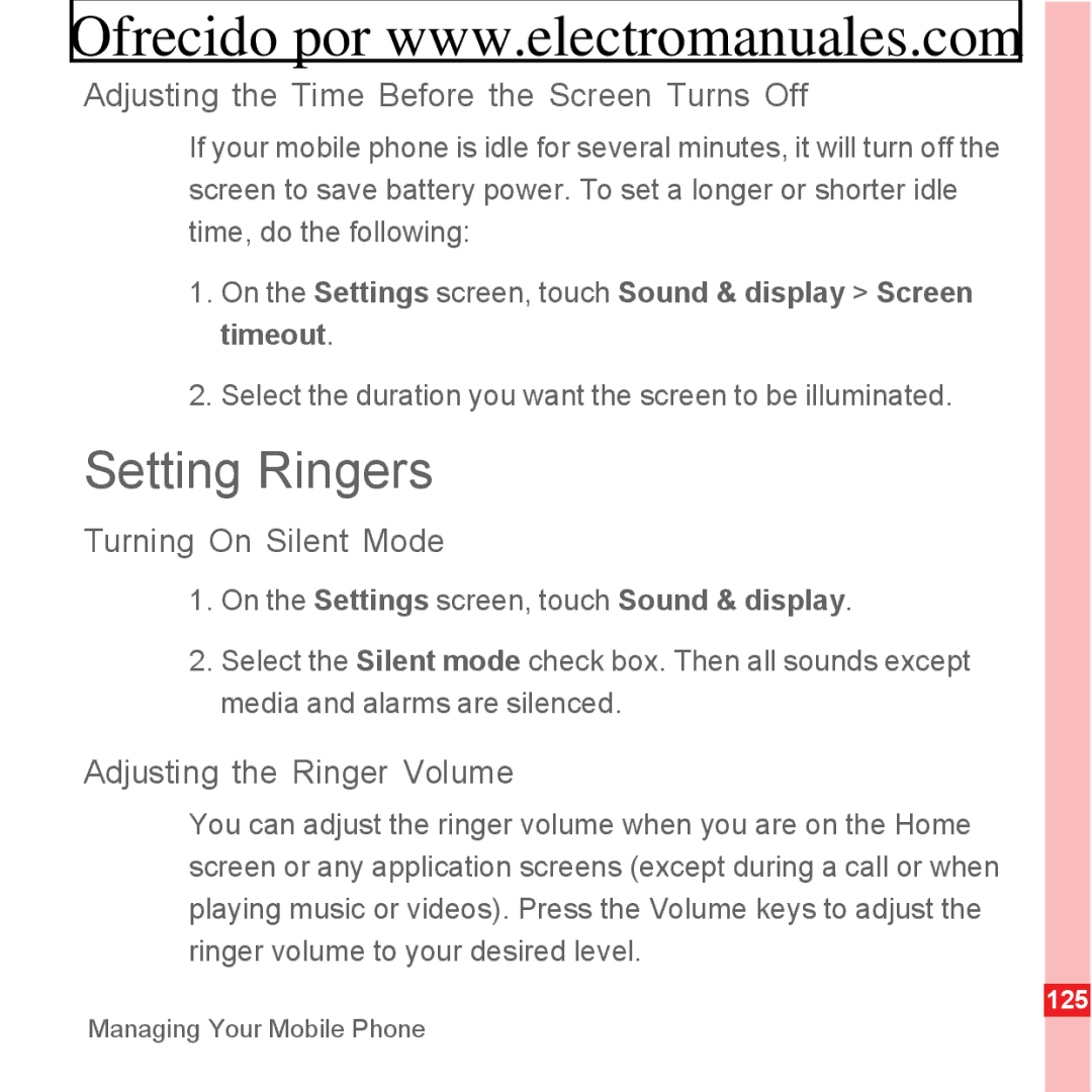 Huawei U8300 manual Setting Ringers, Adjusting the Time Before the Screen Turns Off, Turning On Silent Mode 