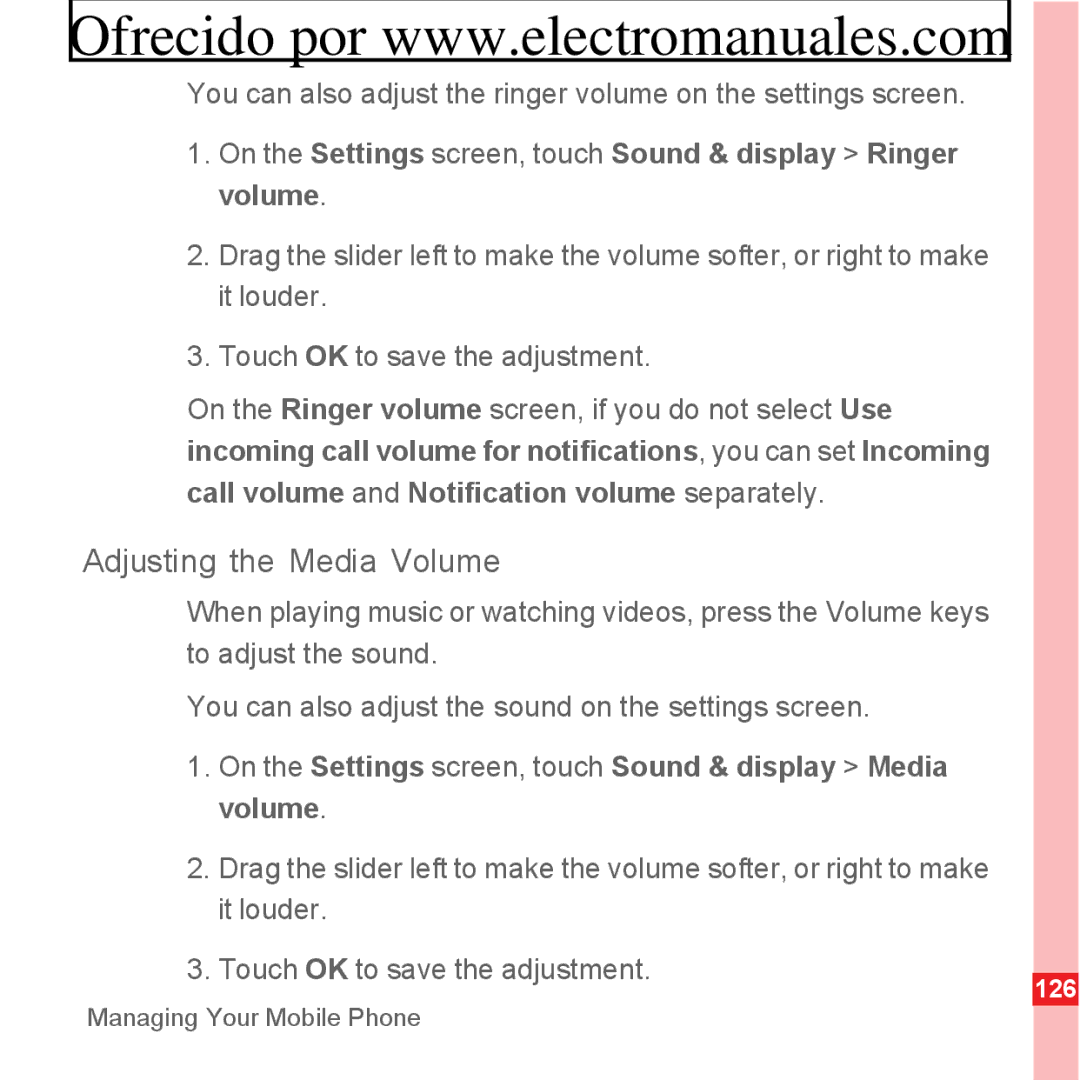 Huawei U8300 manual Adjusting the Media Volume, On the Settings screen, touch Sound & display Ringer volume 