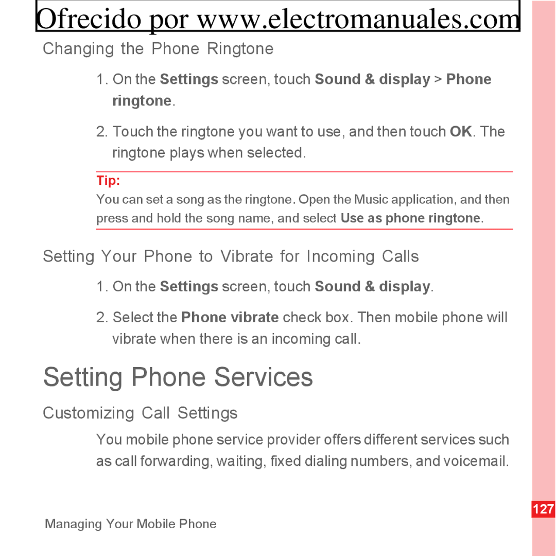 Huawei U8300 manual Setting Phone Services, Changing the Phone Ringtone, Setting Your Phone to Vibrate for Incoming Calls 