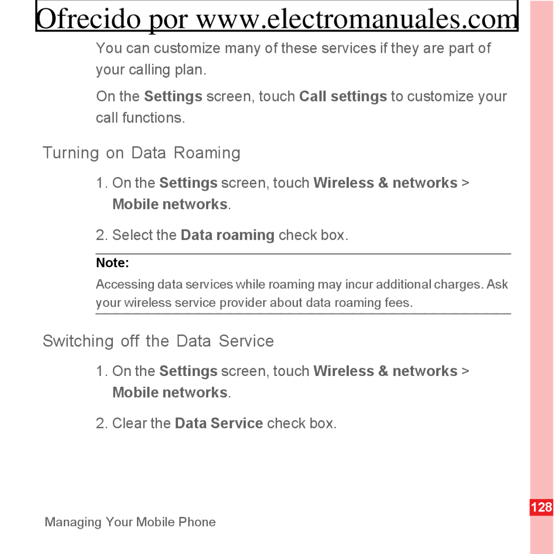 Huawei U8300 manual Turning on Data Roaming, Switching off the Data Service 