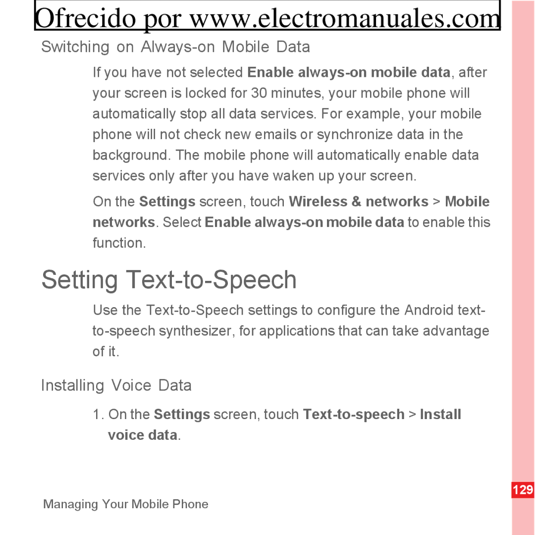 Huawei U8300 manual Setting Text-to-Speech, Switching on Always-on Mobile Data, Installing Voice Data 