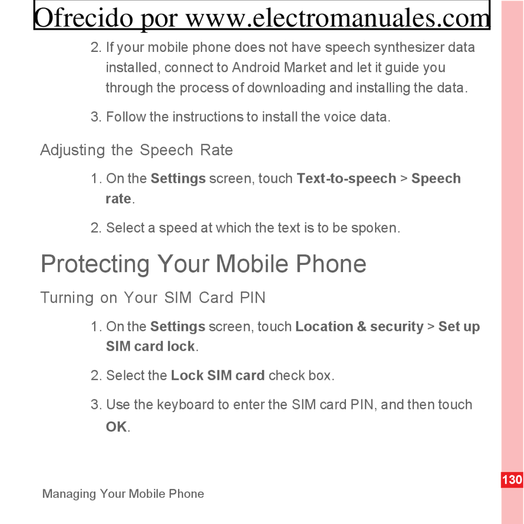 Huawei U8300 manual Protecting Your Mobile Phone, Adjusting the Speech Rate, Turning on Your SIM Card PIN 