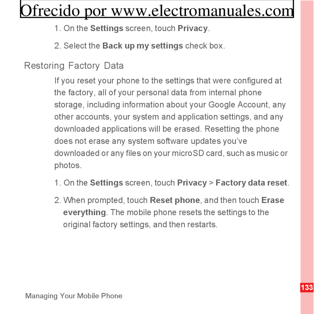 Huawei U8300 manual Restoring Factory Data, On the Settings screen, touch Privacy Factory data reset 