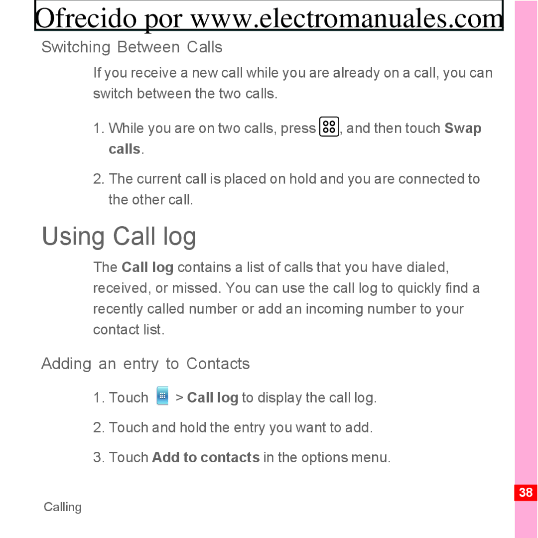 Huawei U8300 manual Using Call log, Switching Between Calls, Adding an entry to Contacts 