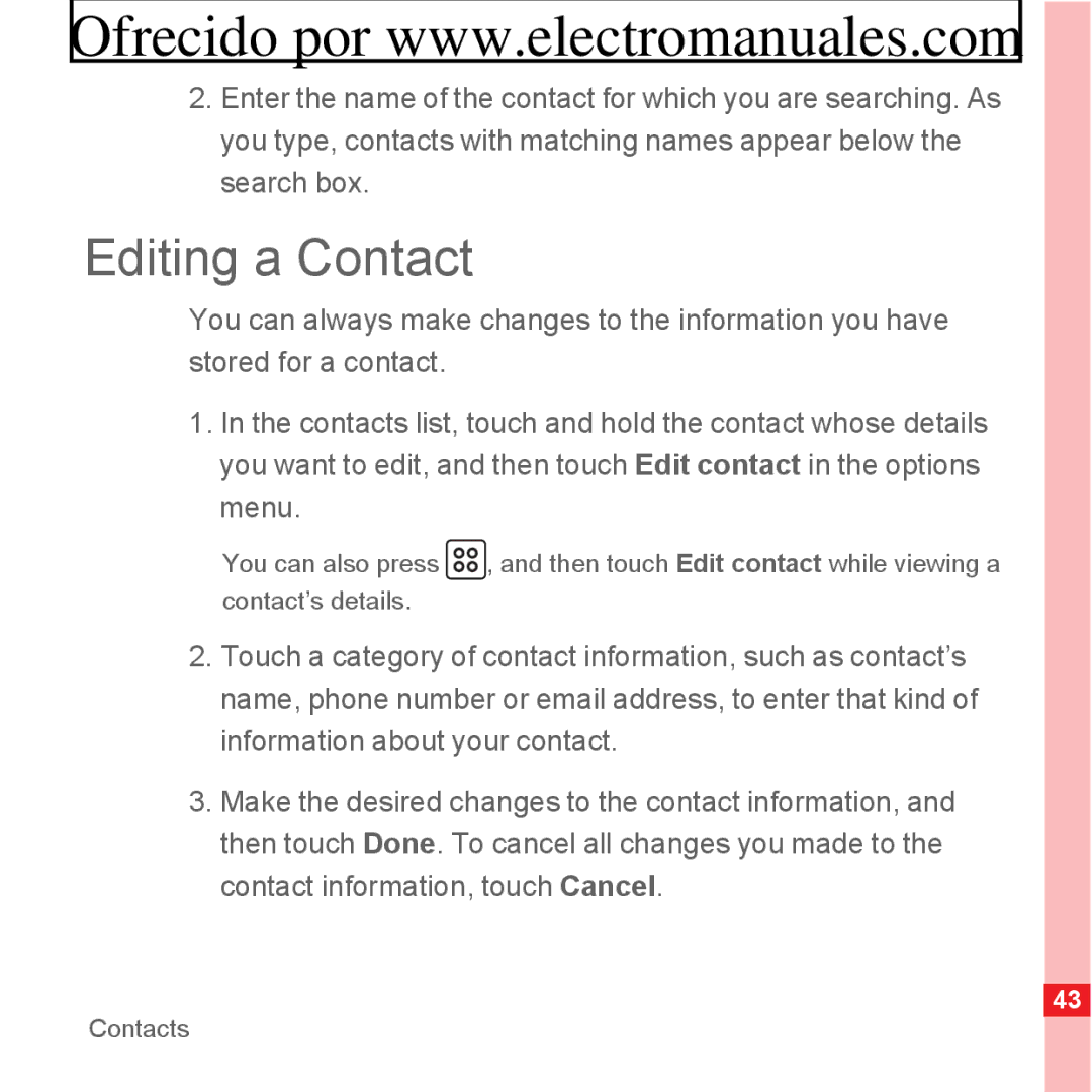 Huawei U8300 manual Editing a Contact 