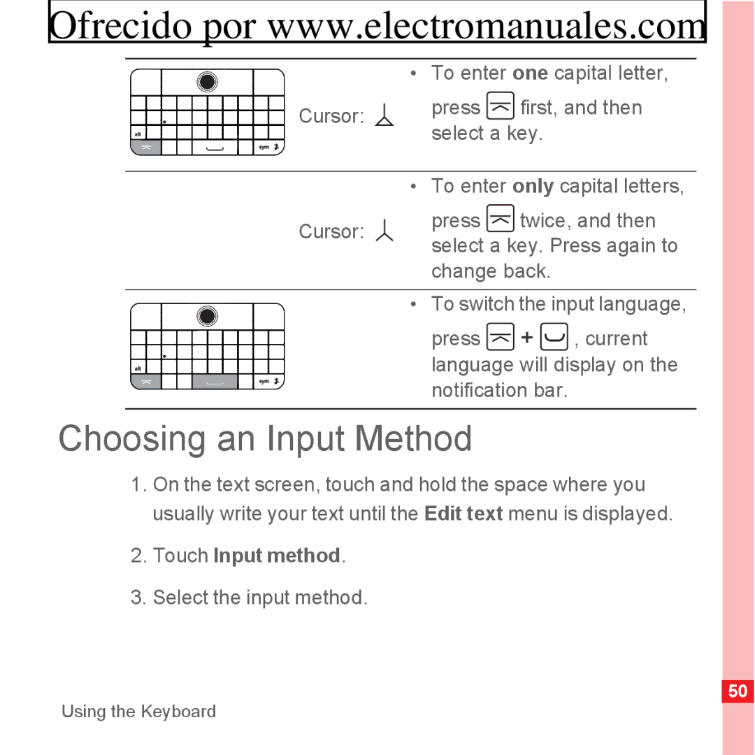 Huawei U8300 manual Choosing an Input Method, To enter one capital letter, Touch Input method, Select the input method 