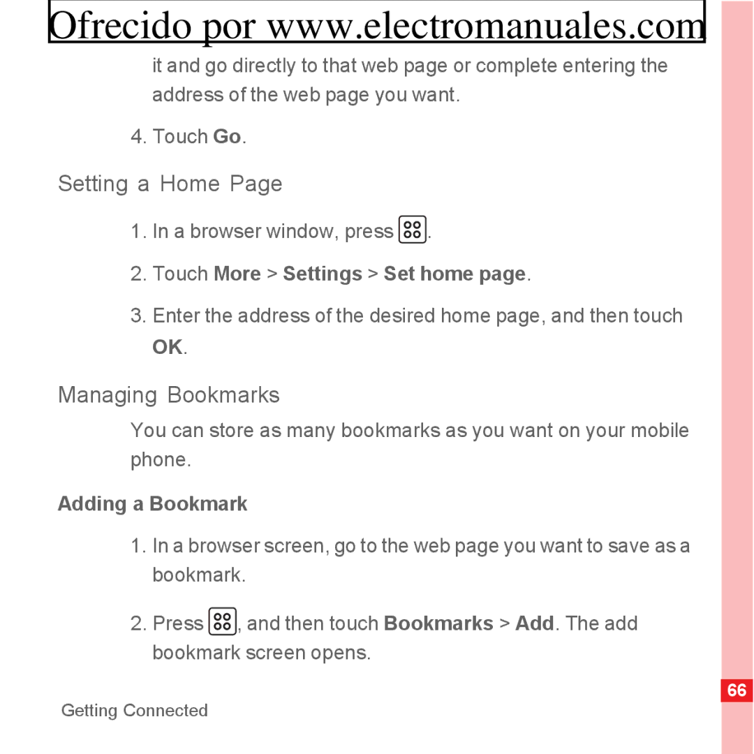 Huawei U8300 Setting a Home, Managing Bookmarks, A browser window, press, Touch More Settings Set home, Adding a Bookmark 