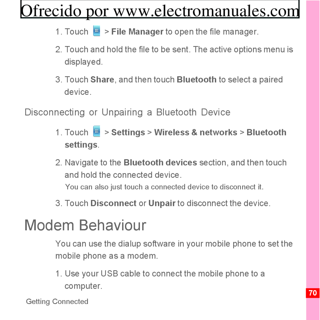 Huawei U8300 manual Modem Behaviour, Disconnecting or Unpairing a Bluetooth Device 