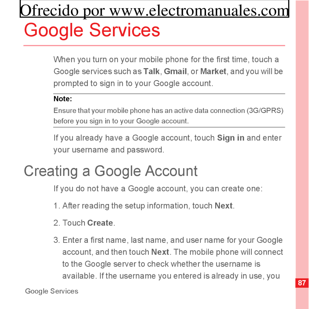 Huawei U8300 manual Google Services, Creating a Google Account 