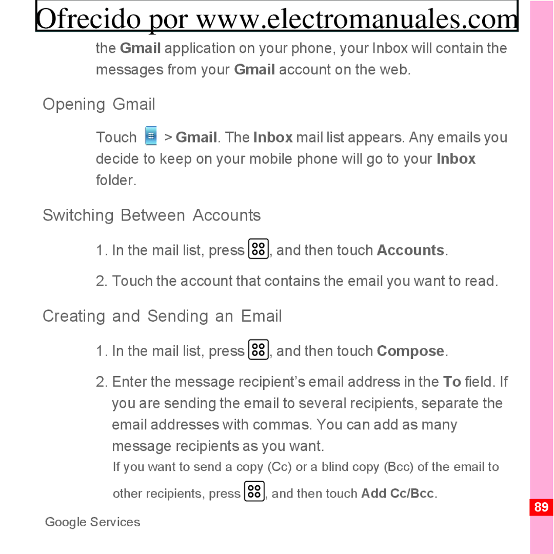 Huawei U8300 manual Opening Gmail, Switching Between Accounts, Creating and Sending an Email 